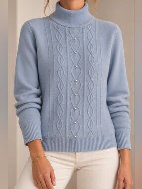 Tradition Baby Blue Cable Knit Beaded Turtleneck Sweater Size Small